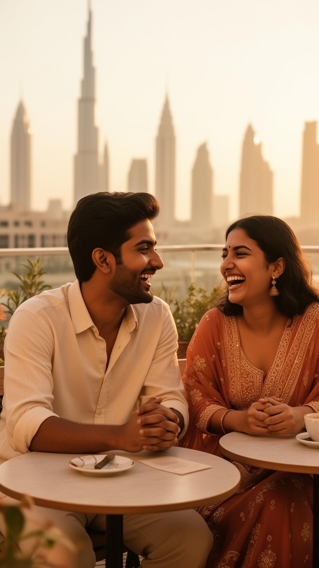 Two friends from the same hometown laughing together in Dubai